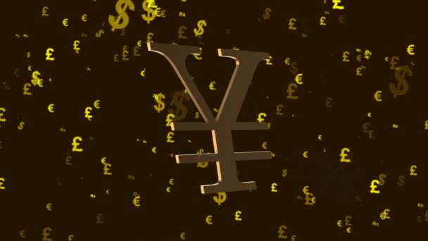 das Goldzeichen oder Währungssymbol des japanischen Yen, eine Kurzbezeichnung des Namens der Währungseinheit, rotiert vor dem Hintergrund vieler fliegender Zeichen anderer Währungen der Welt - Filmmaterial, Video
