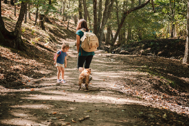 Madre e figlia che camminano attraverso un sentiero nel bosco
 - Foto, immagini