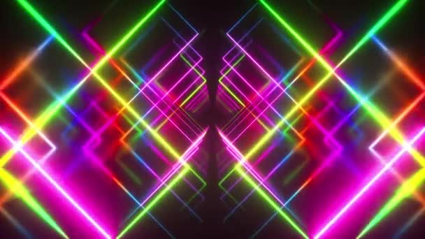 Astratto volare in fondo corridoio futuristico, luce ultravioletta fluorescente, linee di specchio linee laser al neon, tunnel geometrico infinito, loop senza soluzione di continuità rendering 3d, spettro multicolore
 - Filmati, video