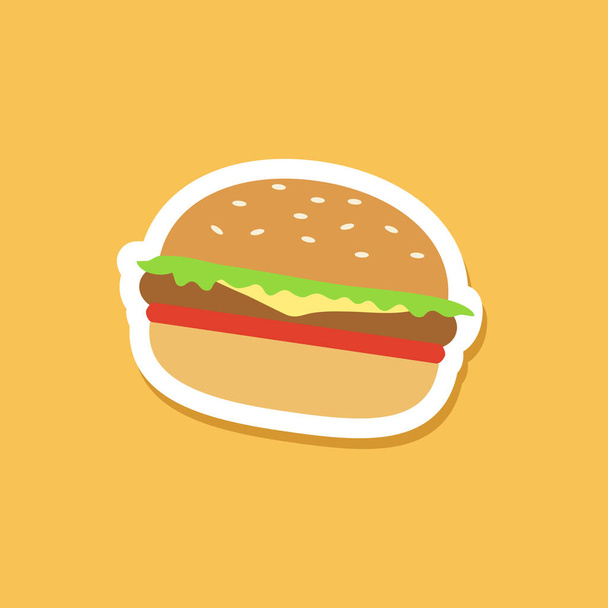 Płaski styl naklejki hamburger na żółtym tle. - Wektor, obraz