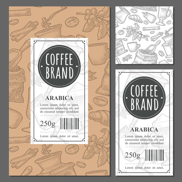 Plantilla etiqueta café con patrón sin costuras. Vector vintage grabado monocromo
 - Vector, imagen