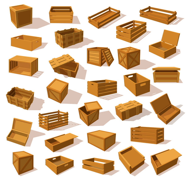 Set di scatole isometriche di legno isolate, contenitori
 - Vettoriali, immagini