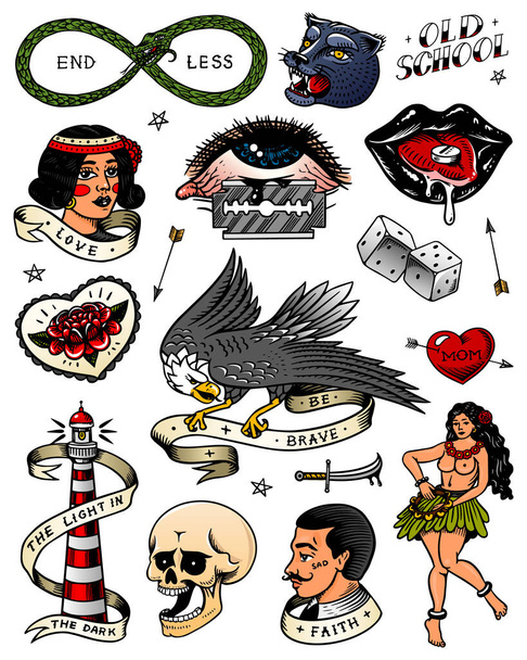Set of vintage old school Tattoo. Characters Playing Cards, Hawaiian hula dancer woman, lips and lighthouse, panther, dice and snake. Engraved hand drawn sketch. Badges, print or patches for t-shirt.  - Vector, Image