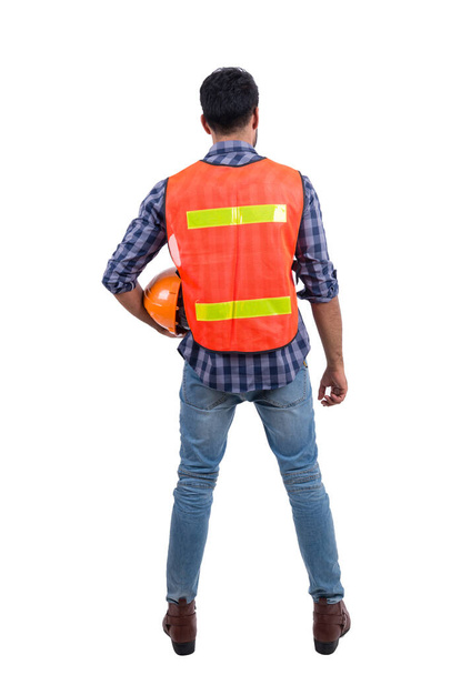 Construction worker wearing safety vest isolated on white,Arabian engineer smile - Foto, Imagem