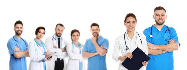 People in uniforms on white background. Medical staff - Φωτογραφία, εικόνα