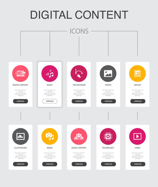 contenido digital Infografía 10 pasos UI design.vector image, media, video, social content simple icons
 - Vector, imagen