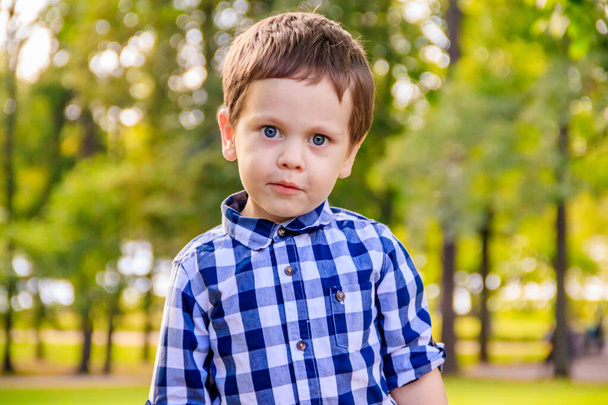 Portret van kleine jongen in shirt wandelen in het park - Foto, afbeelding