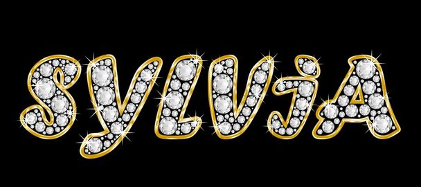 der name sylvia geschrieben in bling diamonds, mit glänzend goldenem rahmen - Foto, Bild