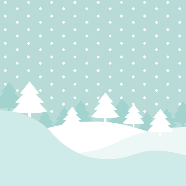 Zimní kopce scéna s vánočními jedlemi a geometrický sníh vektor pozadí, elegantní ploché kreslené vánoční pohlednice nebo dekorace pozadí pro kopírování prostor text, sněžení sezóna les plakát obraz - Vektor, obrázek
