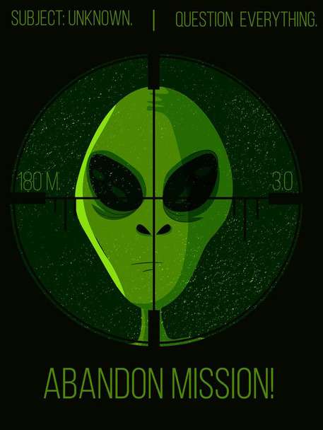 grüner Alienkopf unter einem Jäger-Scharfschützen-Poster. Banner einer Science-Fiction-Kreatur aus dem Weltraum ins Visier genommen. Ufo seltsamer Konzeptvektor. - Vektor, Bild