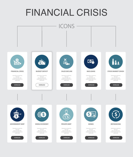 finanssikriisi nfographic 10 vaiheet käyttöliittymän design.budget alijäämä, Huonot lainat, Julkinen velka, Jälleenrahoitus yksinkertainen kuvakkeet
 - Vektori, kuva