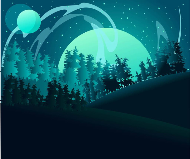 Full moon being absorbed into the fog of other planets. Forest under a planet and northern lights. Flat illustration of a landcape with aurora borealis. - Vector, Image