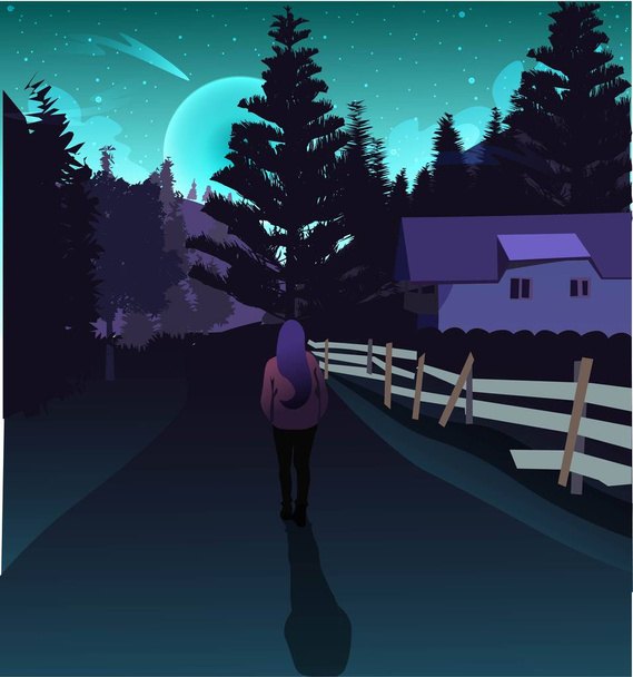 Woman traveling in a mountain forest under the twilight and lights of the aurora borealis. Magic blue and purple modern neon northern lights illustration. Futuristic fantasy vector - Vector, Image