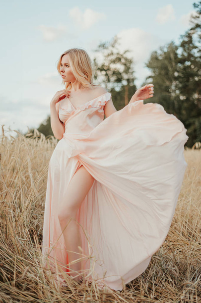 Young beautiful blonde girl on a field with a pink romantic dress. Warm sunset colors. Soft and dreamy image of a young woman with blowing dress in grassy field. romantic portrait - Photo, Image
