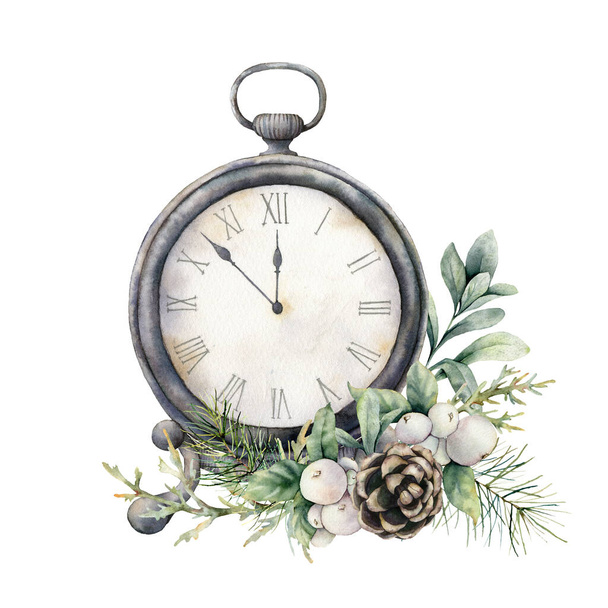Watercolor vintage table clock with pine cone. Christmas illustration with vintage watch isolated on white background. Five minutes to twelve o'clock of new year. For design, print, background. - Photo, Image