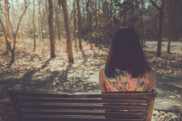 悲しい女性は公園のヴィンテージスタイルのバック角度からベンチに座って、彼女は物語をはるかに悪い渡されます. - 写真・画像