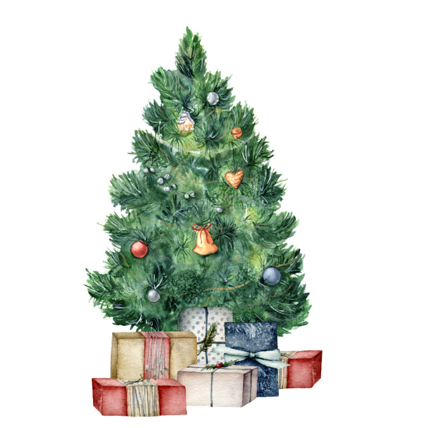 Aquarell-Weihnachtsbaum mit Geschenken und Spielzeug. handbemalter Neujahrsbaum mit Spielzeug und Lichtern, Geschenkboxen mit Schleife isoliert auf weißem Hintergrund. Urlaubsillustration für Design, Karte oder Druck. - Foto, Bild