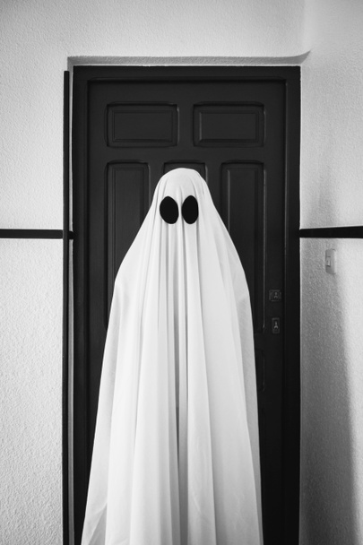 Ghost covered with a white ghost sheet in front of an old door. Halloween Concept - Φωτογραφία, εικόνα