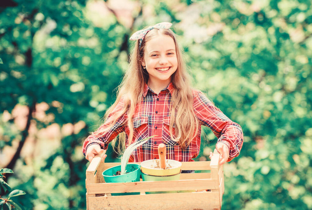 Making the world green. spring village country. little girl with gardening tools. earth day. ecology environment. Happy childrens day. summer farm. Happy childhood. little girl kid in forest - Φωτογραφία, εικόνα
