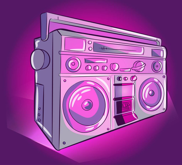 Stereo audio radio pink and purple illustration. Vintage cassette speaker and tape vector. 80s or 90s recorder object technology drawing. - Vector, Image