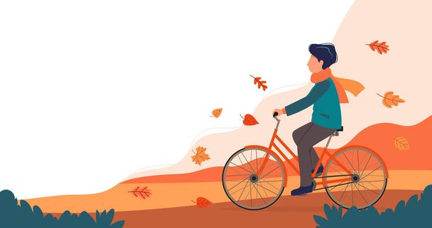 Ένας άντρας να κάνει ποδήλατο στο πάρκο το φθινόπωρο. Χαριτωμένο διάνυσμα εικονογράφηση σε επίπεδο στυλ. - Διάνυσμα, εικόνα