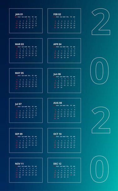 Vertical 2020 calendar on green background. Printable calendar for year 2020 for organization and business. Simple and clean design. Vector illustration template - Vetor, Imagem