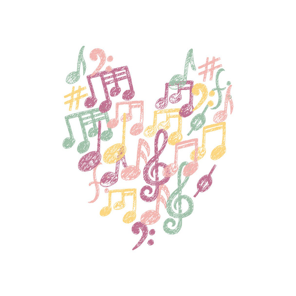 Vector Music Notes pattern in a Heart shape. Cute Music Keys t-shirt print, romantic card, love message. Printable fabric colorful design element isolated on white cover. San Valentine Day background - Vector, Image