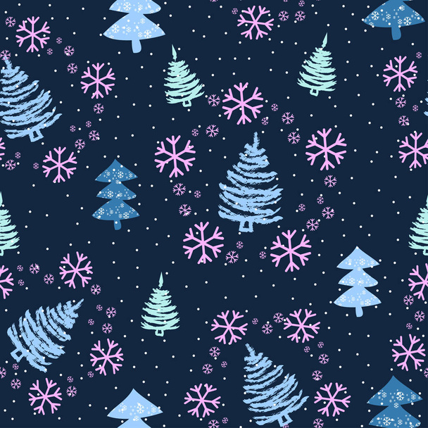 クリスマスツリーと雪のシームレスなパターン-ベクトル - ベクター画像