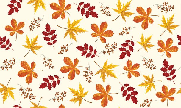 Beautiful pattern seamless of yellow red and orange leaves. Maple, ash and oak. Hand drawn style fresh rustic eco. Vector decorative cute elegant illustration isolated white background - ベクター画像