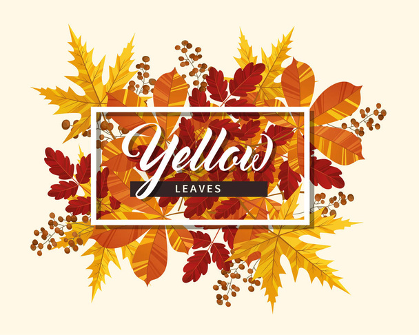 Banner amarelo, vermelho e marrom para o outono. Ilustração vetorial com folhas de outono de castanha, bordo, cinza e carvalho
.  - Vetor, Imagem