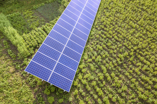 Μπλε ηλιακοί συλλέκτες για καθαρή ενέργεια σε πράσινο γρασίδι. - Φωτογραφία, εικόνα