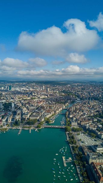 Beautiful aerial drone view of Zurich city and lake, during summer time, in Switzerland - Photo, Image
