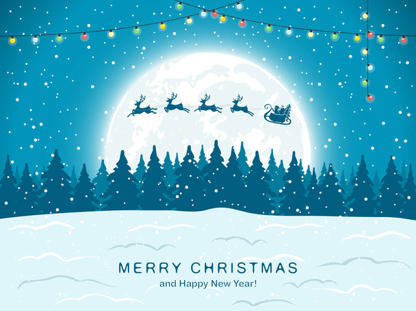 Santa con renos en fondo azul de Navidad
 - Vector, Imagen