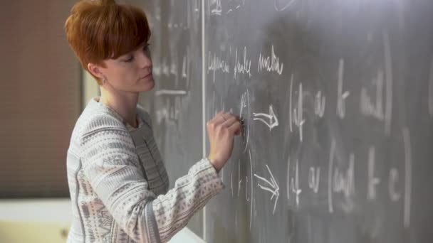 Young teacher lectures at the School of Mathematics, writes chalk on a blackboard - Footage, Video