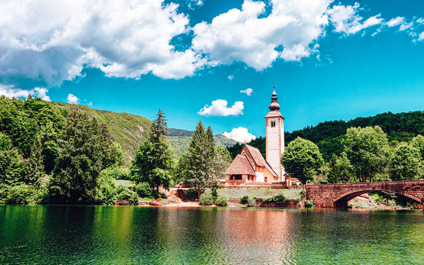 Scenery with Church St John Baptist Bohinj Lake Slovenia - Photo, Image