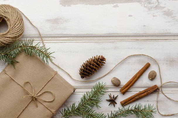 Holiday natural decoration. Christmas gifts. Top view - Valokuva, kuva