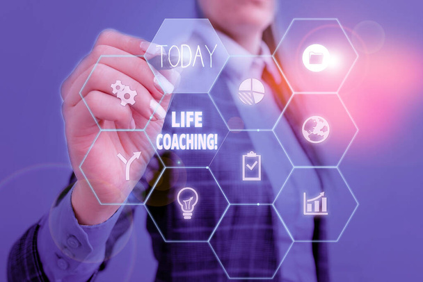 Text sign showing Life Coaching. Conceptual photo demonstrating employed to help showing attain their goals in career Woman wear formal work suit present presentation using smart latest device. - Photo, Image