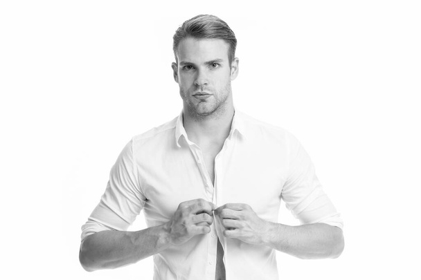 Menswear formal style. Clerical and middle chain management. White collar worker. Man well groomed formal elegant shirt white background. Guy handsome office worker. Working formal dress code - Foto, afbeelding