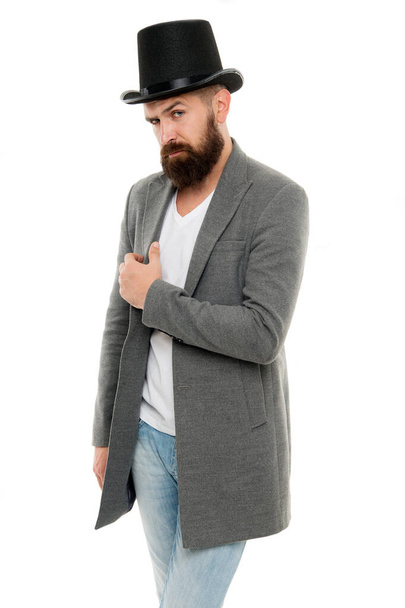Fashion as unique as you are. Fashion model. Bearded man wearing classic fashion accessory. Hipster with beard and moustache in casual outfit with retro fashion tophat - Фото, изображение