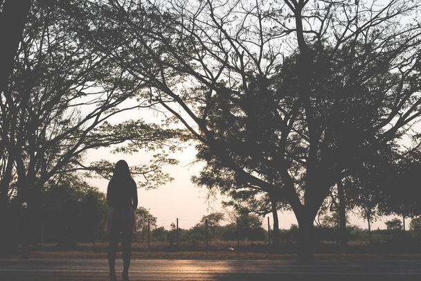 silhouette di bello da solo asiatico triste donna holding scarpe su il strada vintage stile lei spezzato cuore da amore breakheart concetto
 - Foto, immagini