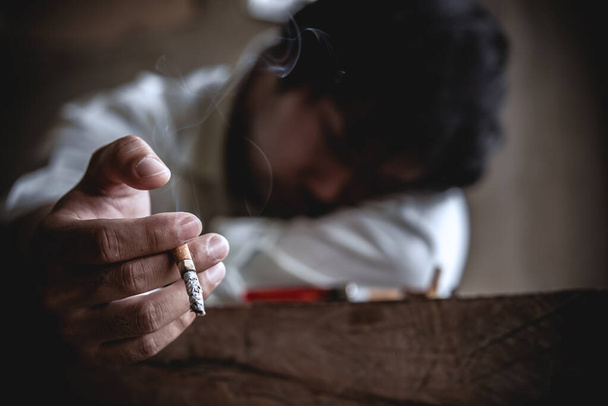 Asian Stress man smoking, no tobacco day concept - Foto, Imagem