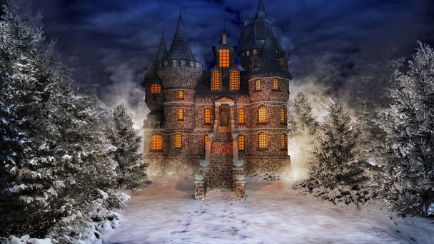 Fairytale castle in snowy forest - Photo, Image
