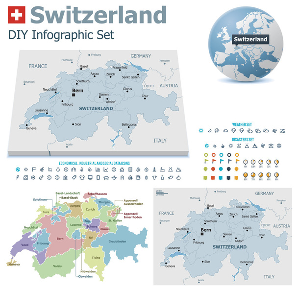 işaretçileri olan İsviçre haritalar - Vektör, Görsel