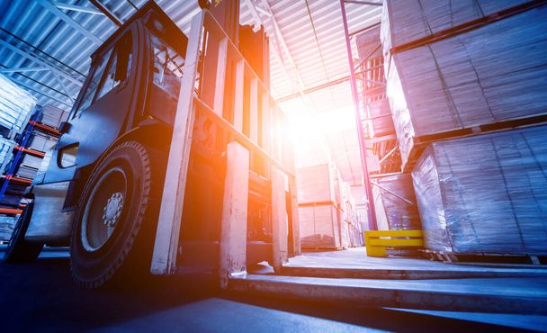 Forklift loader in storage warehouse ship yard, delivery and logistics concept - Φωτογραφία, εικόνα