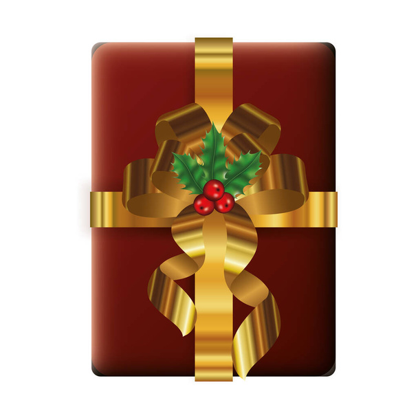 happy merry christmas gift box with golden bow - Vector, Imagen