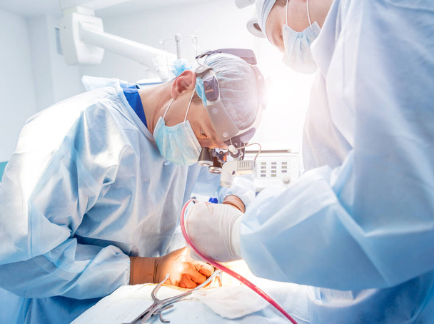 Spinal surgery. Group of surgeons in operating room with surgery equipment. Laminectomy. Modern medical background - 写真・画像
