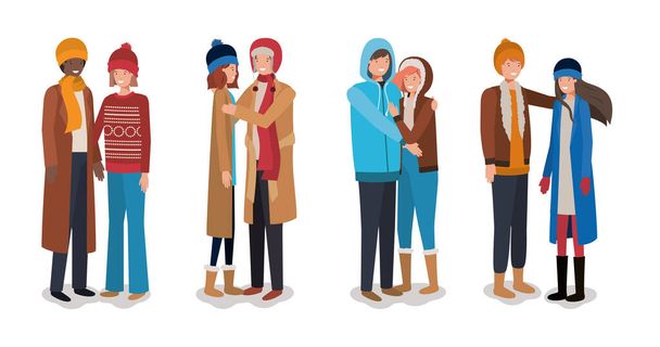 giovani coppie con vestiti invernali personaggi
 - Vettoriali, immagini