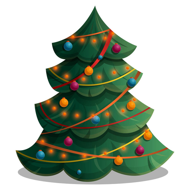 cartoon tree decorated with lights and decorations, vector illus - Vector, Image