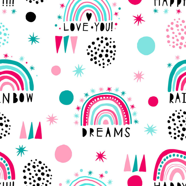 Rainbow and text seamless pattern child color naive style. Abstr - ベクター画像