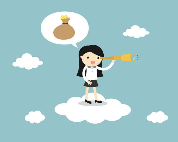 Femme d'affaires debout sur le nuage avec un télescope et à la recherche d'argent. Illustration vectorielle
. - Vecteur, image